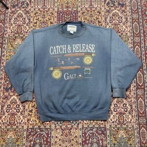 VTG 90s Danaggers faded‎ Blue Catch Release Galt Fly Fishing Sweatshirt L gusset